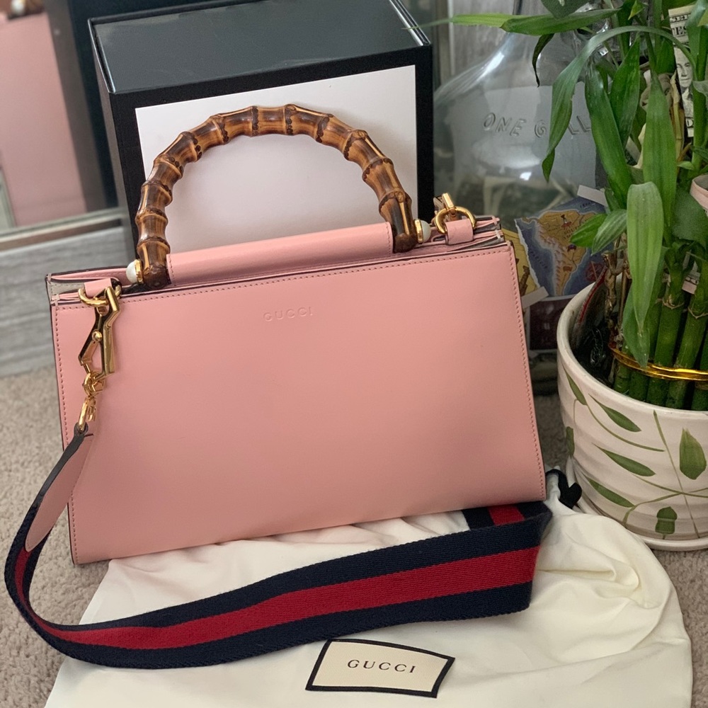 Gucci Pink/White Smooth Leather Bamboo Top Handle Mini Nymphaea Bag.